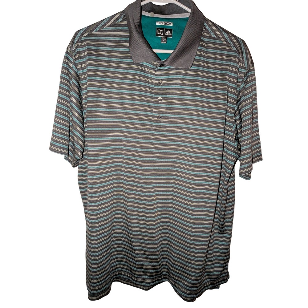 Adidas ClimaCool Mens Golf Polo Shirt Large Grey Teal Striped Short Sleeve L